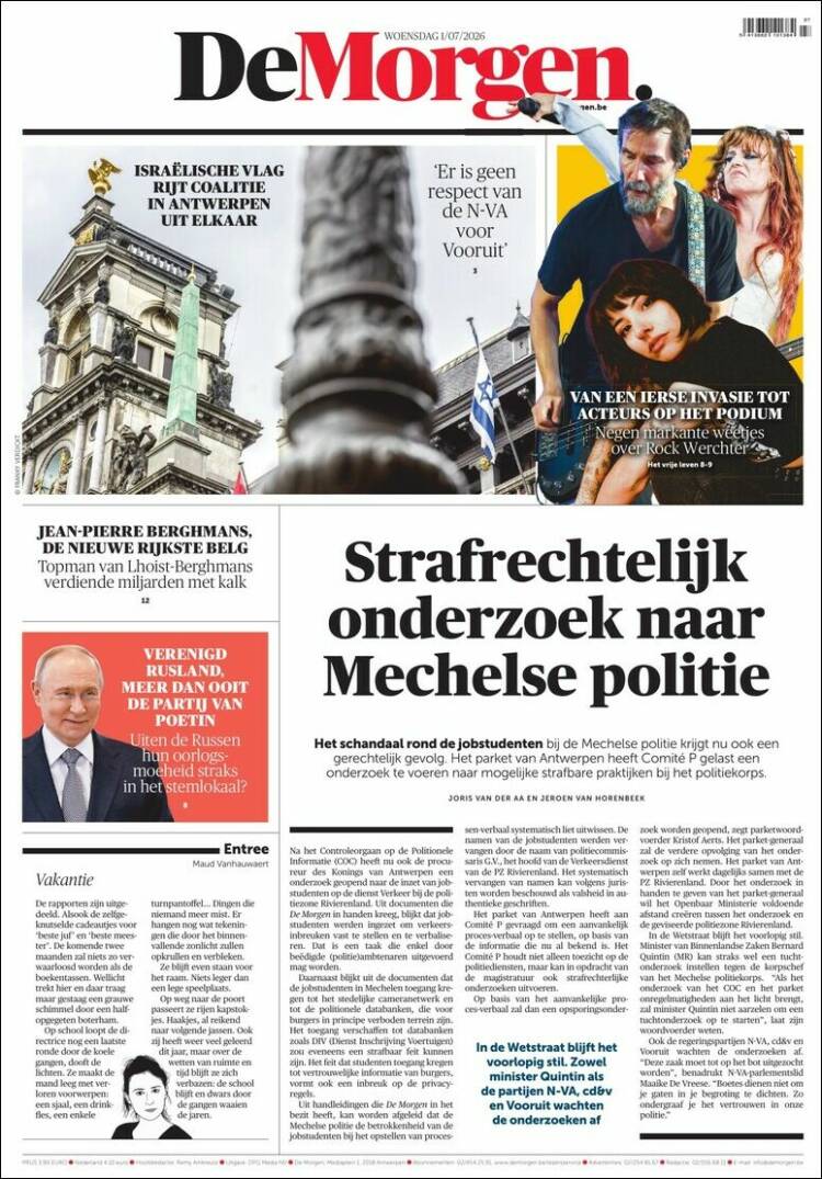 Portada de De Morgen (B&eacute;lgica)