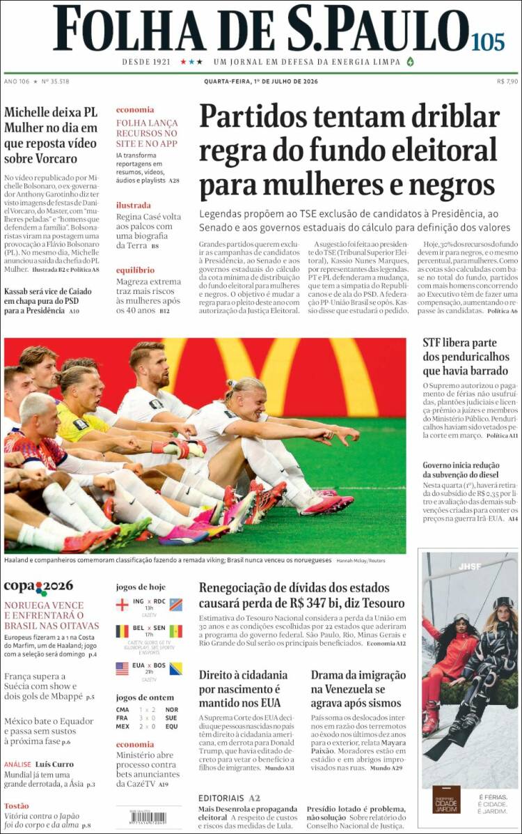 Portada de Folha de São Paulo (Brasil)