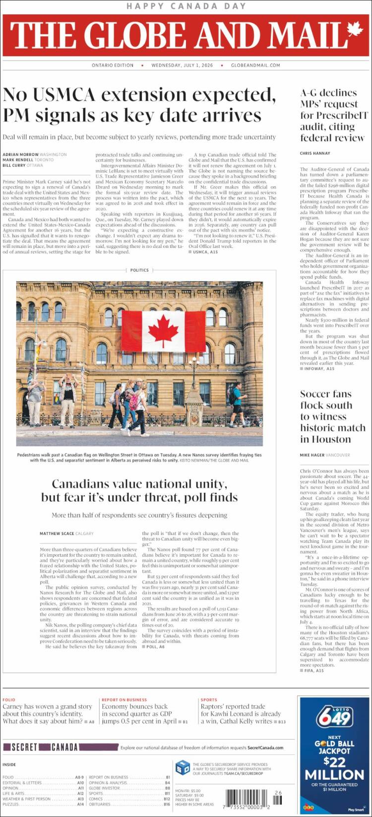 Portada de The Globe and Mail (Canad&aacute;)