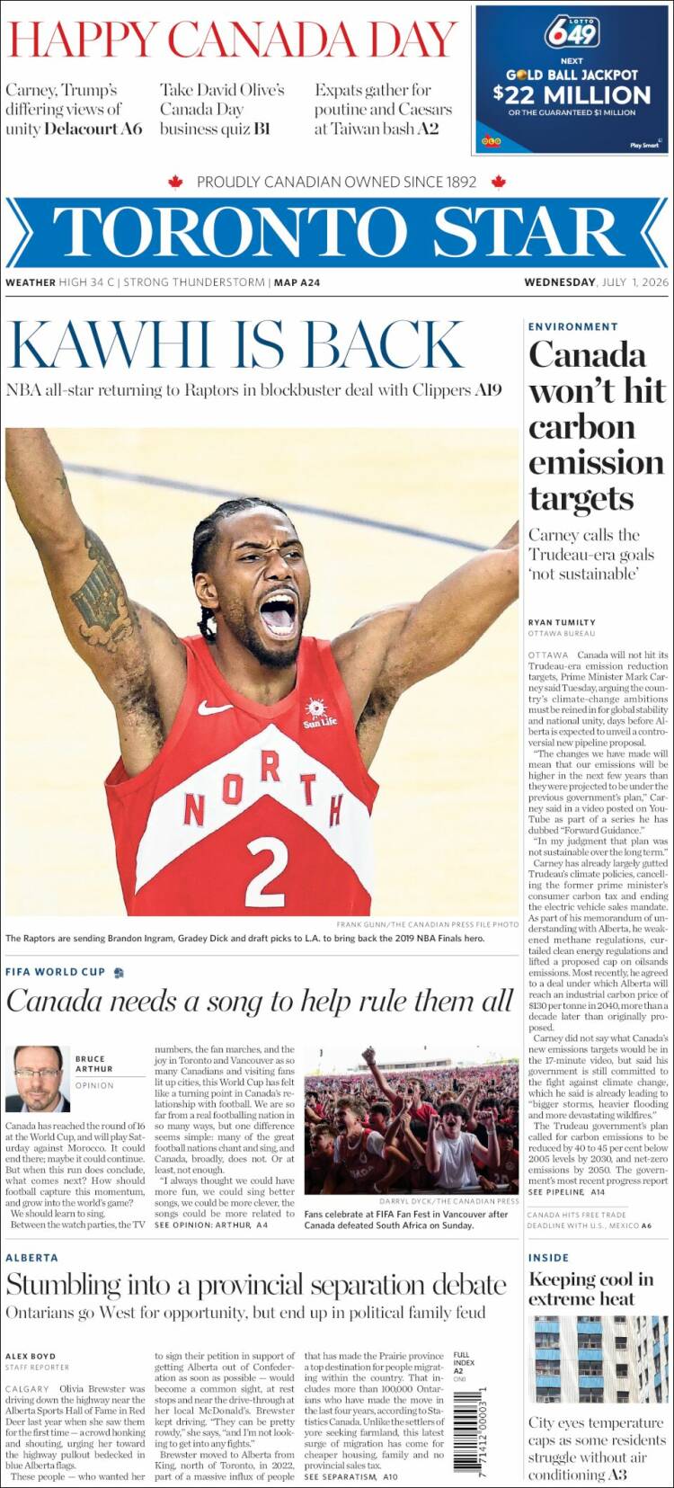 Portada de The Toronto Star (Canad&aacute;)