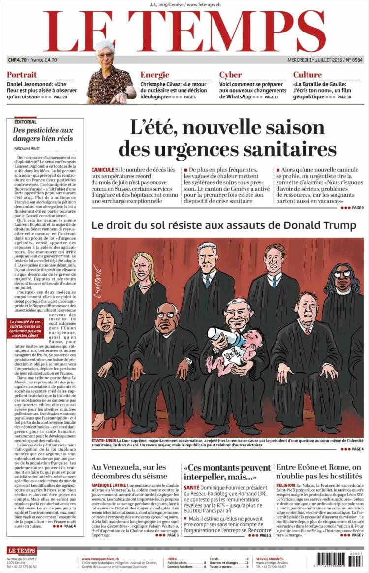 Portada de Le Matin (Suiza)