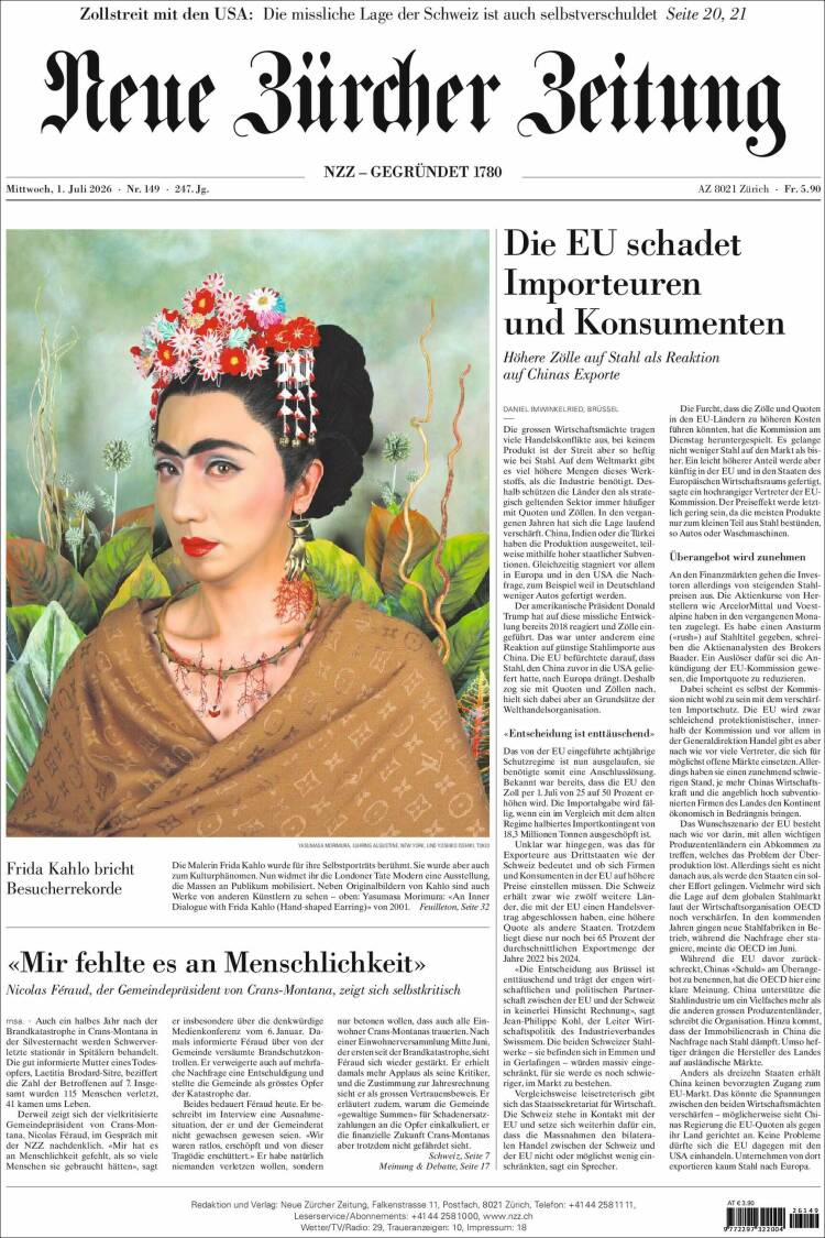 Portada de Neue Zürcher Zeitung (Suiza)
