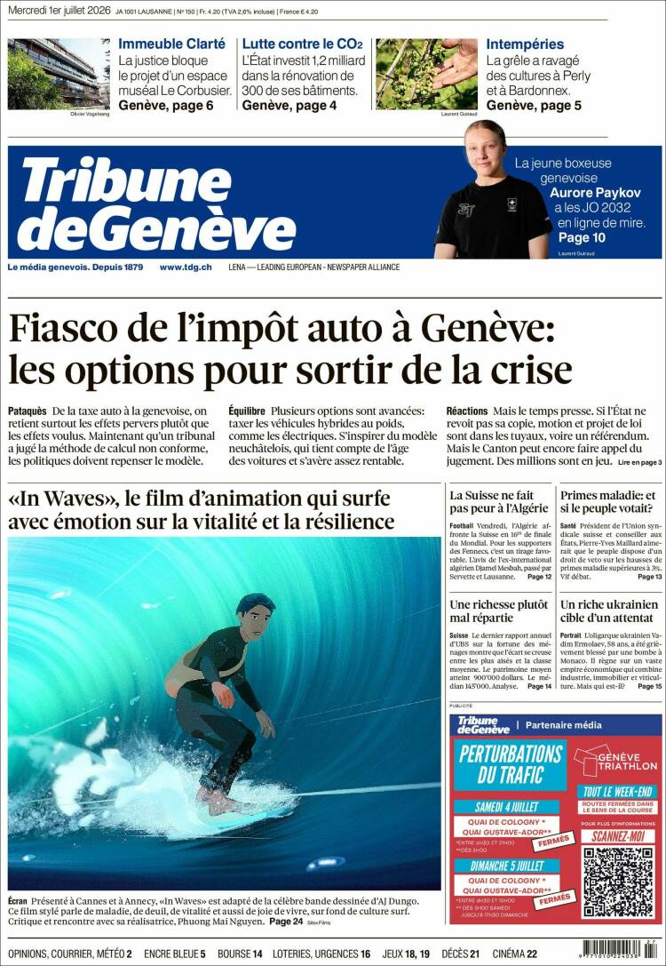 Portada de La Tribune de Genève (Suiza)