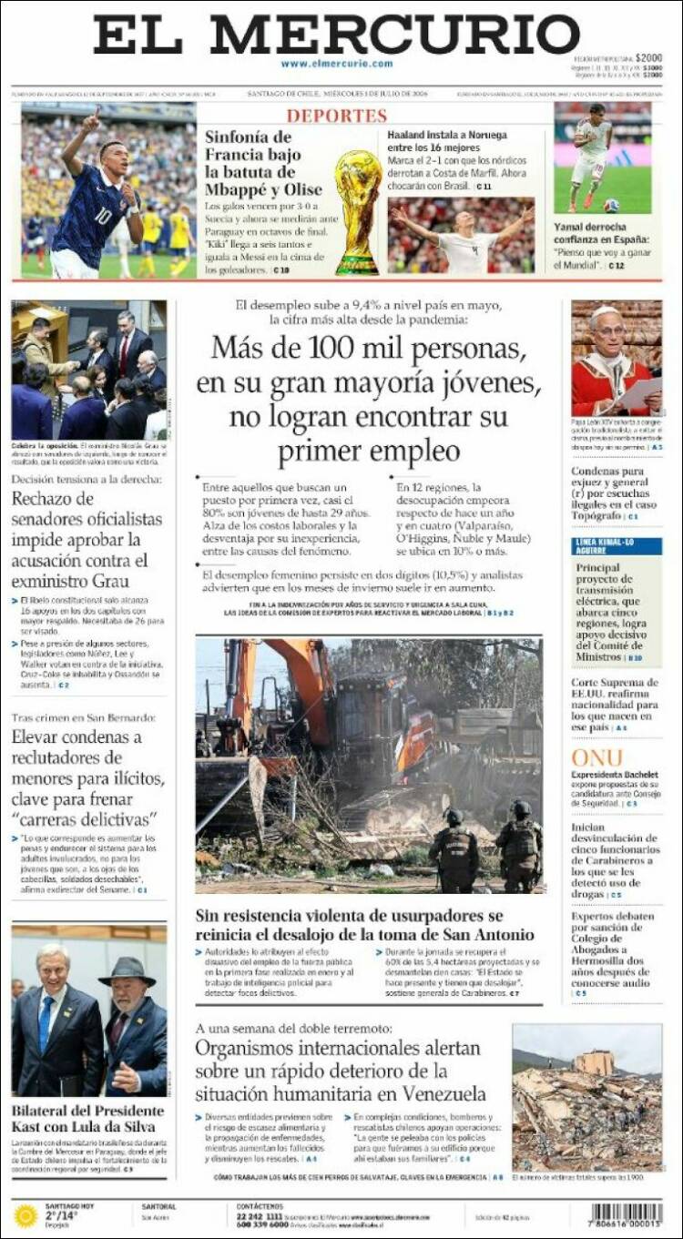 Portada de El Mercurio (Chile)