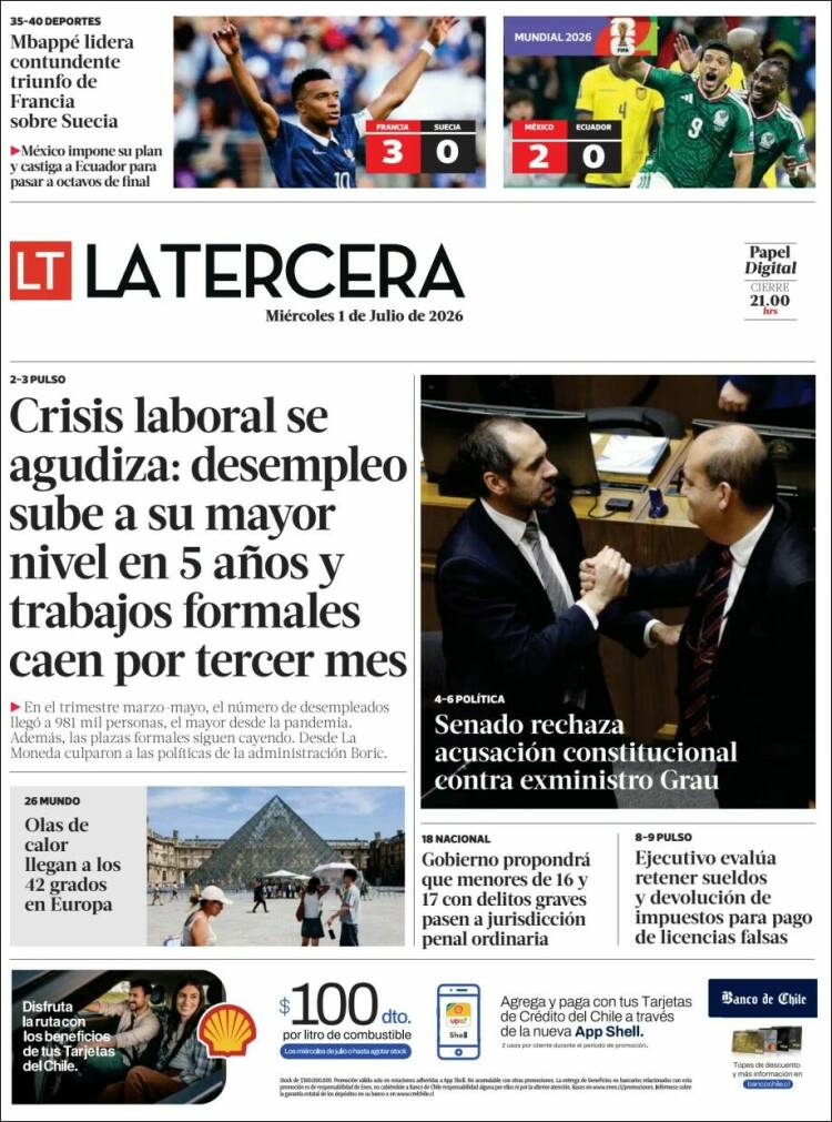 Portada de La Tercera (Chile)