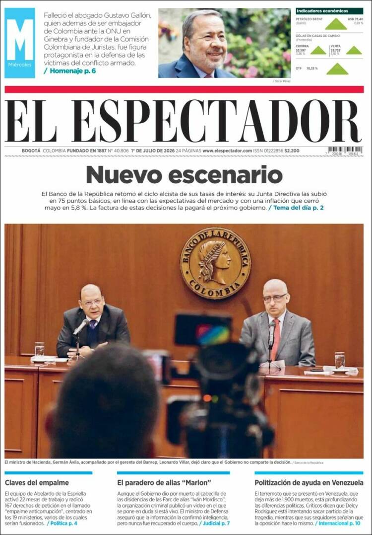Portada de El Espectador (Colombia)