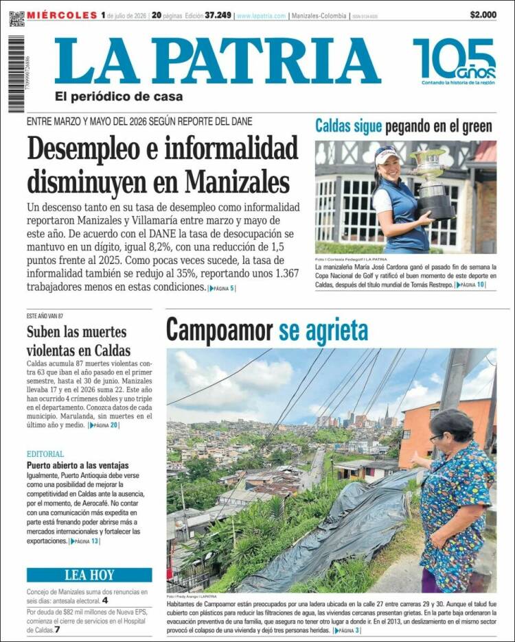Portada de La Patria (Colombia)