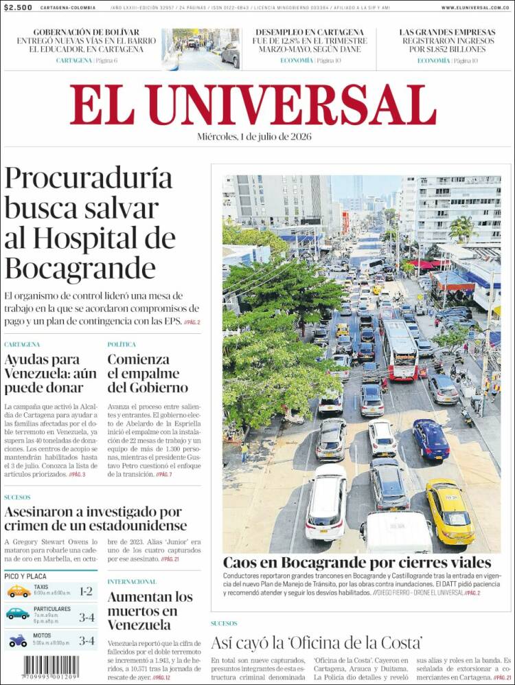Portada de El Universal (Colombia)