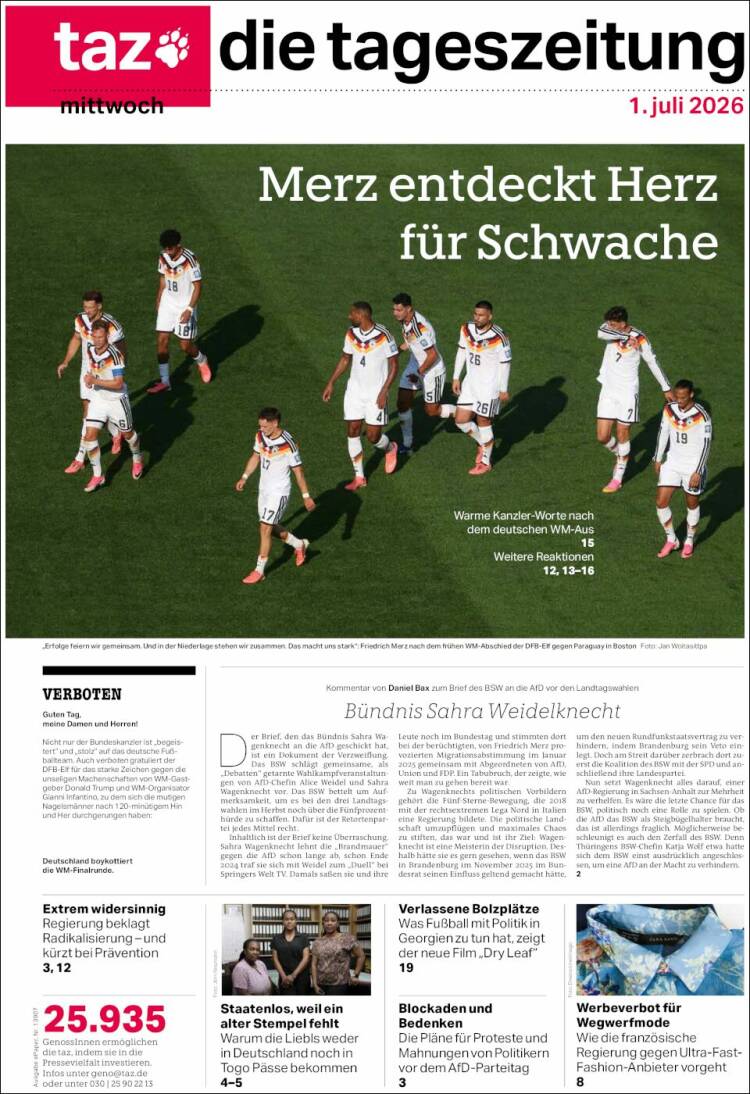Portada de Die Tageszeitung (Alemania)
