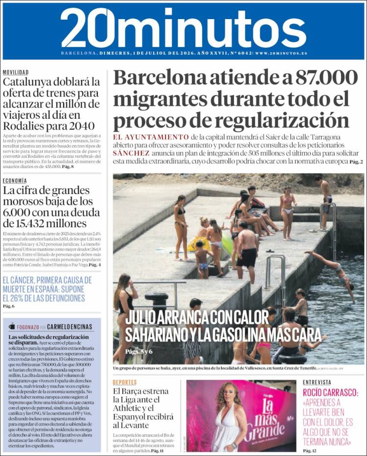 Portada de 20 Minutos - Barcelona (Espa&ntilde;a)