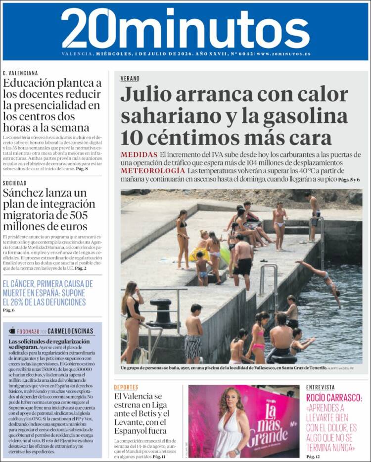 Portada de 20 Minutos - Valencia (Espa&ntilde;a)
