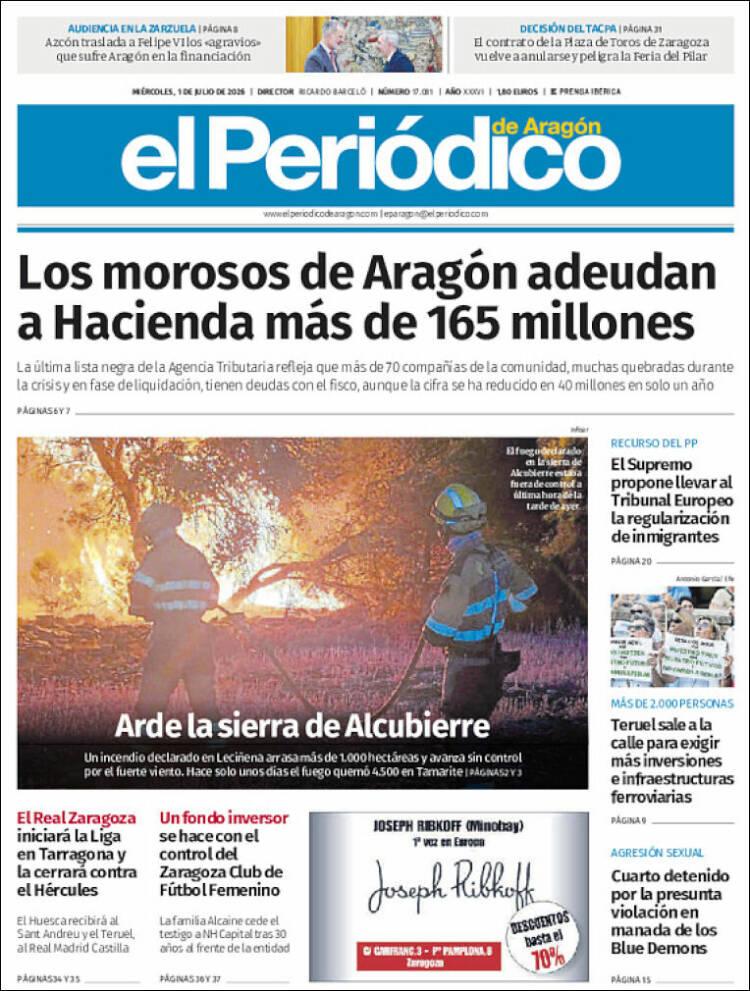Portada de El Periódico de Aragón (Espa&ntilde;a)