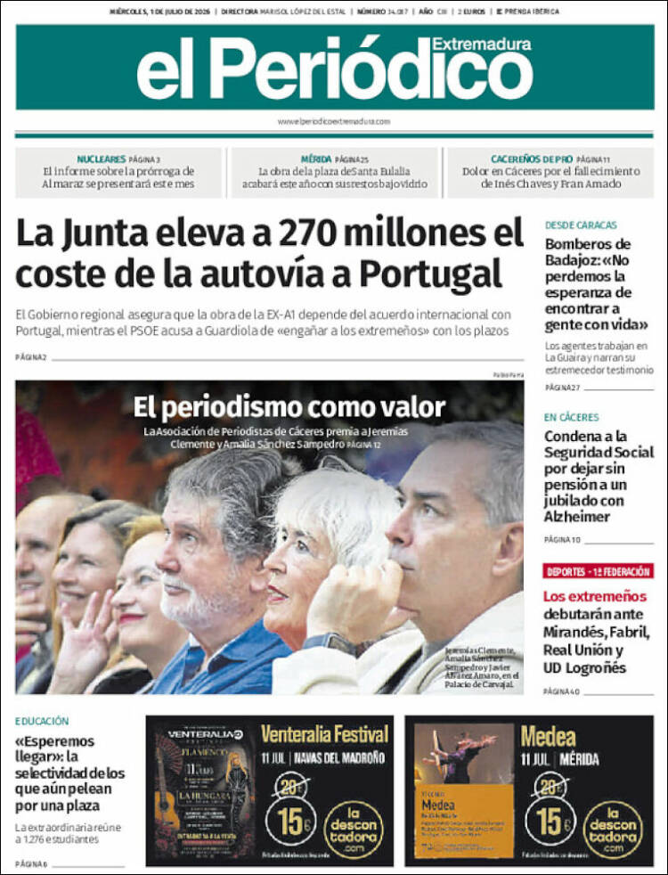 Portada de El Periódico de Extremadura (Espa&ntilde;a)