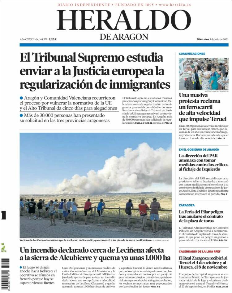 Portada de Heraldo de Aragón (Espa&ntilde;a)