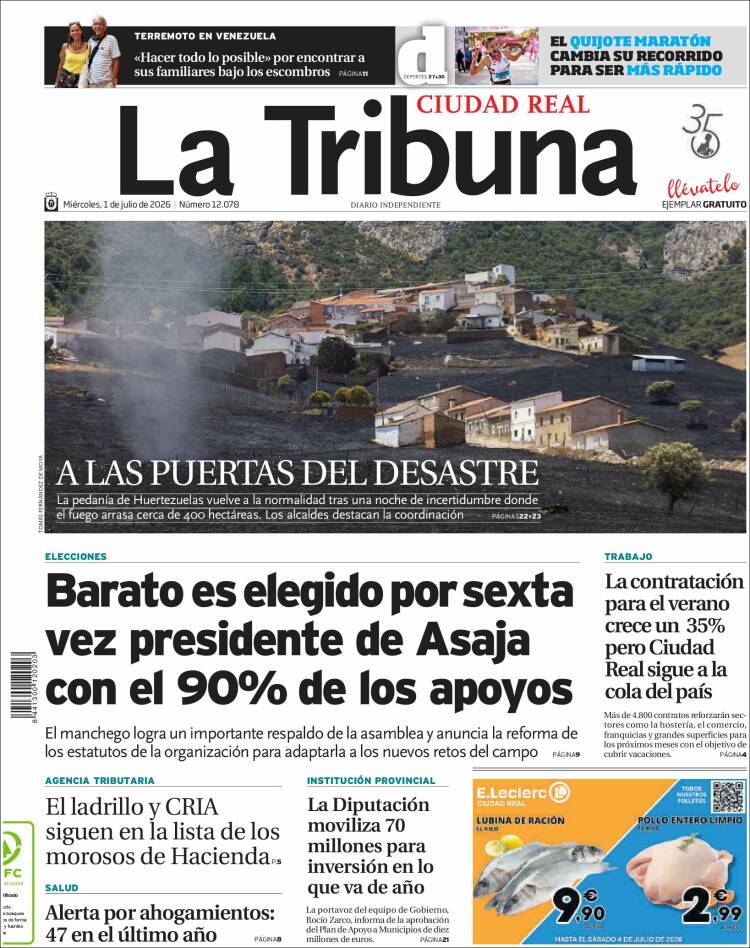 Portada de La Tribuna de Ciudad Real (Espa&ntilde;a)