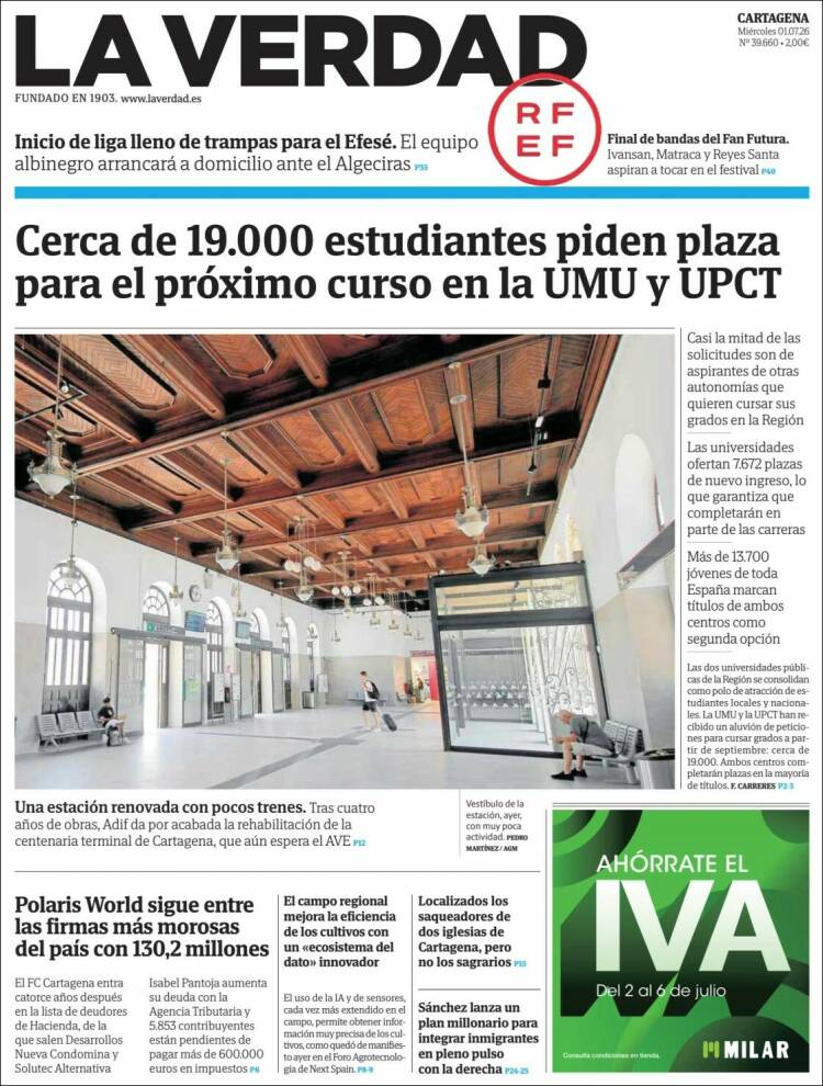 Portada de La Verdad de Cartagena (Espa&ntilde;a)