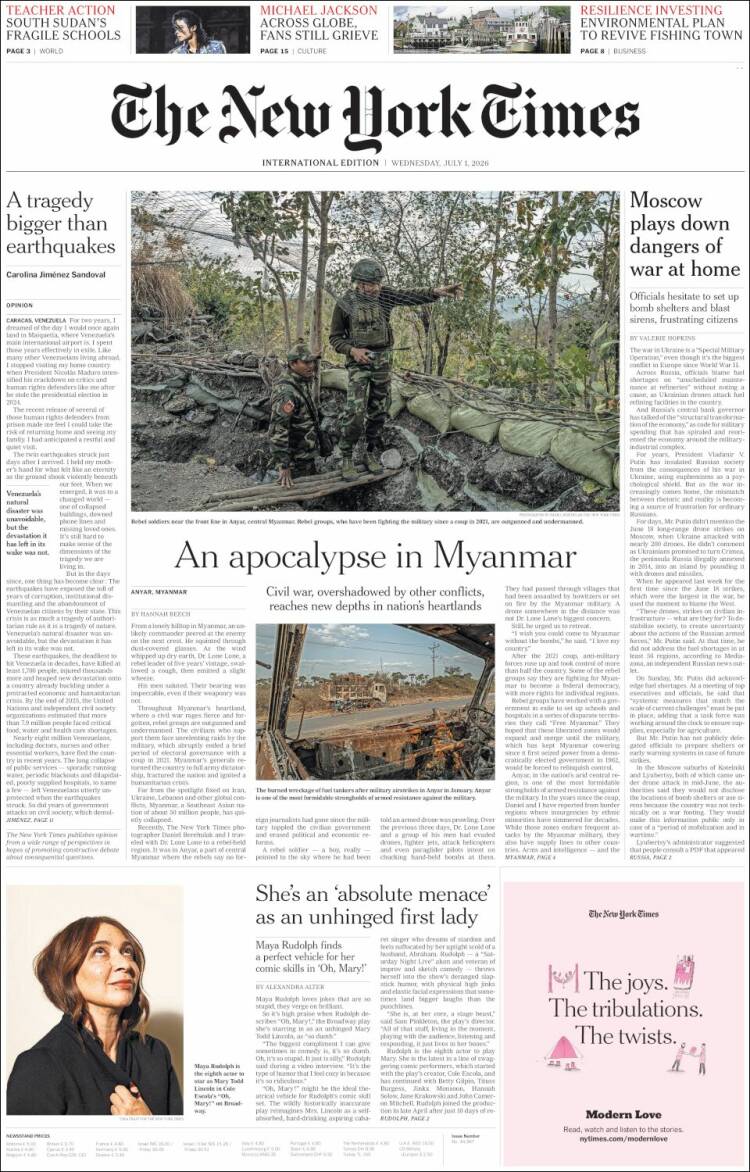Portada de International New York Times (Europa)