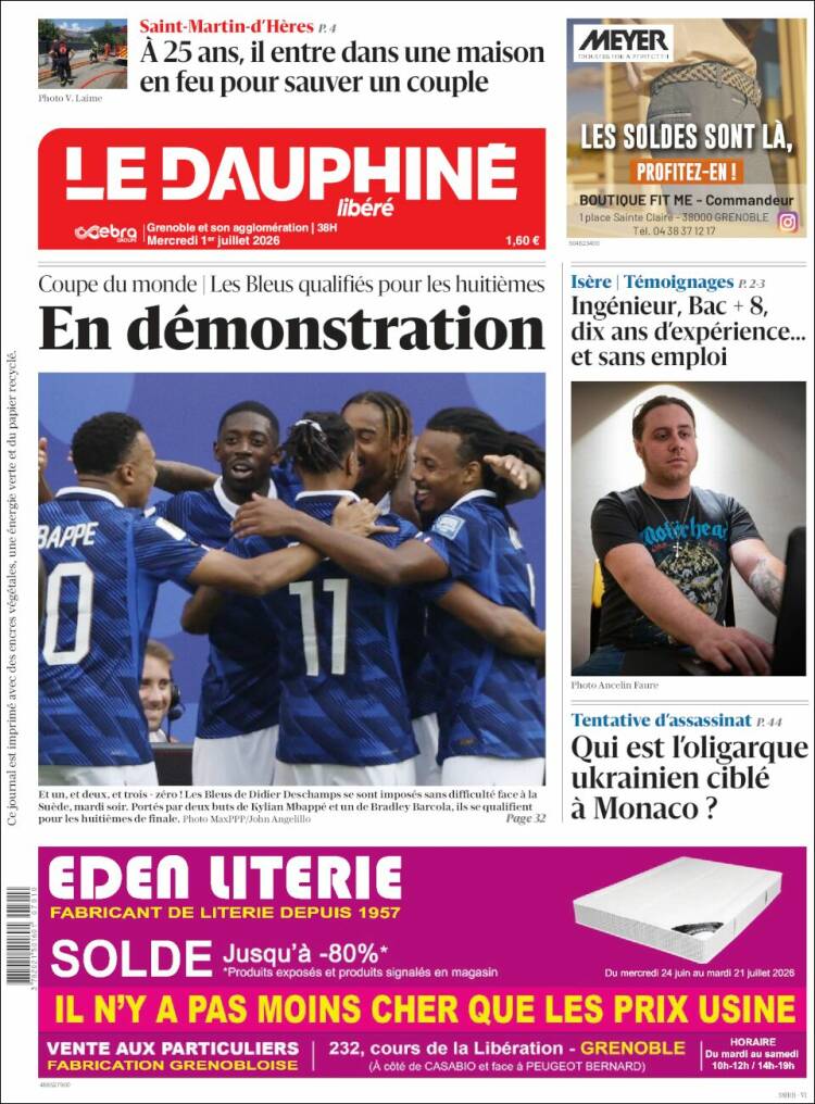 Portada de Le Dauphiné Libéré (Francia)