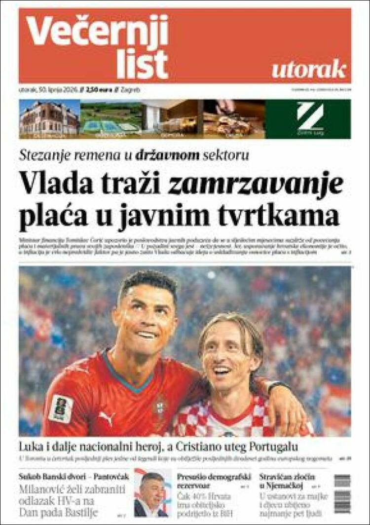 Portada de Večernji (Croacia)