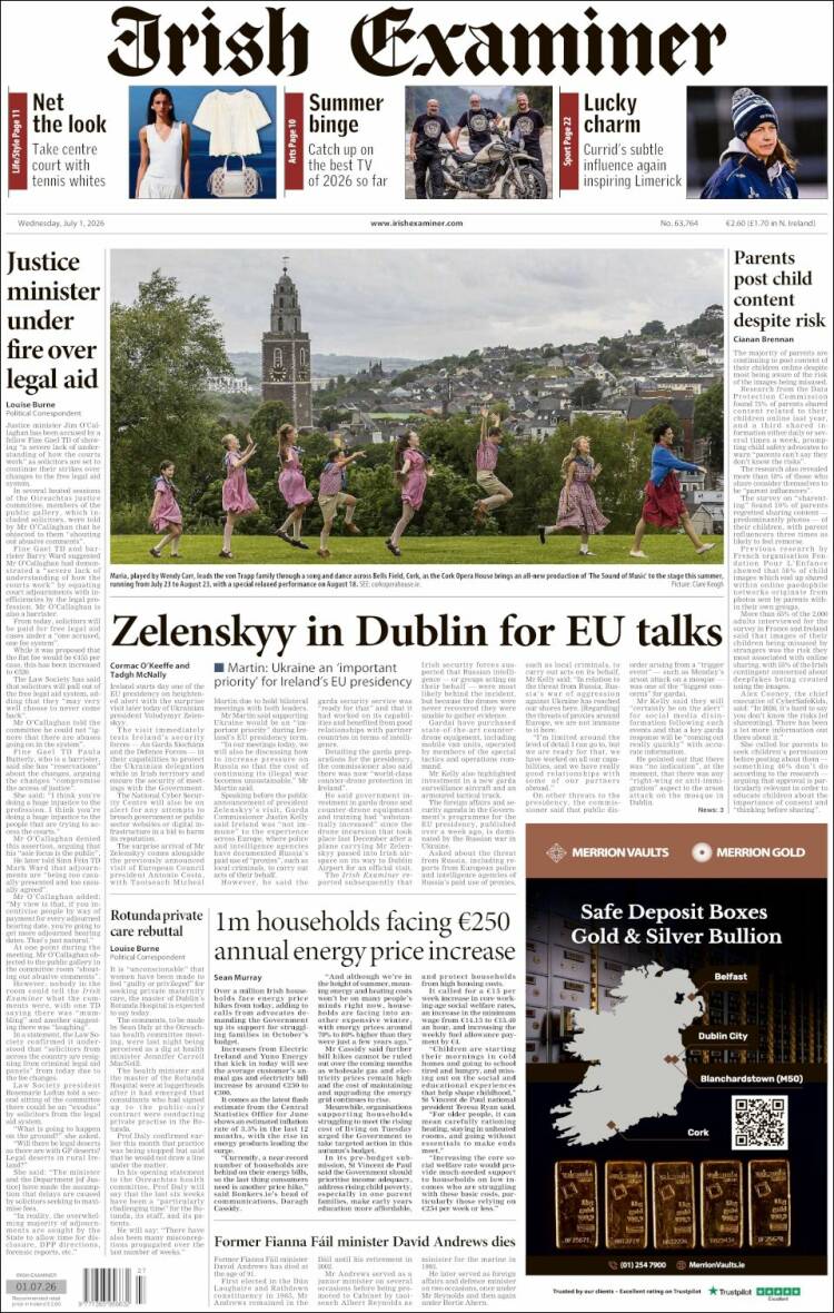 Portada de Irish Examiner (Irlanda)