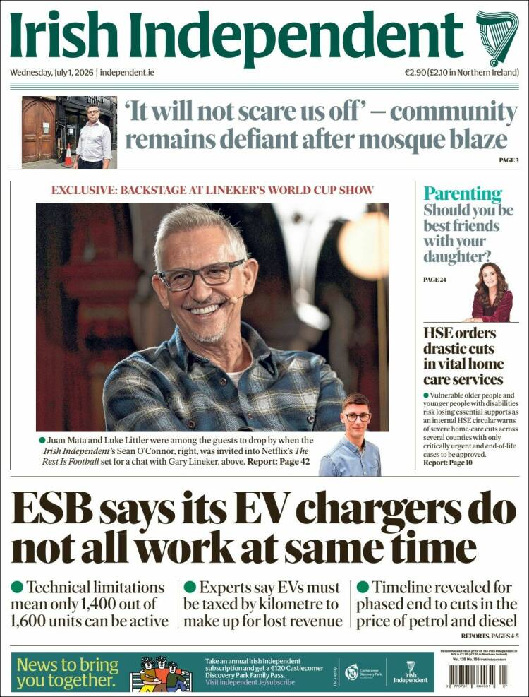 Portada de Irish Independent (Irlanda)