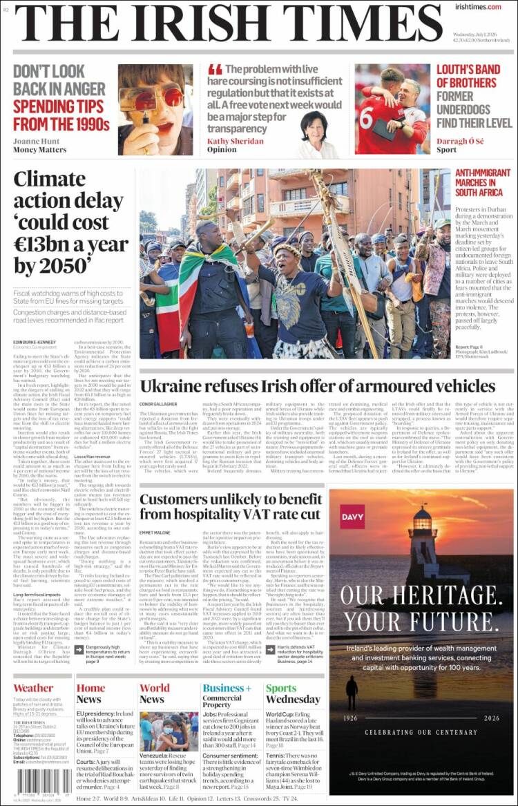 Portada de Irish Times (Irlanda)