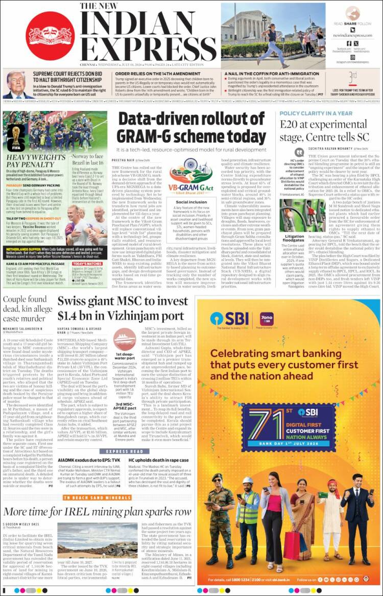 Portada de New Indian Express (India)