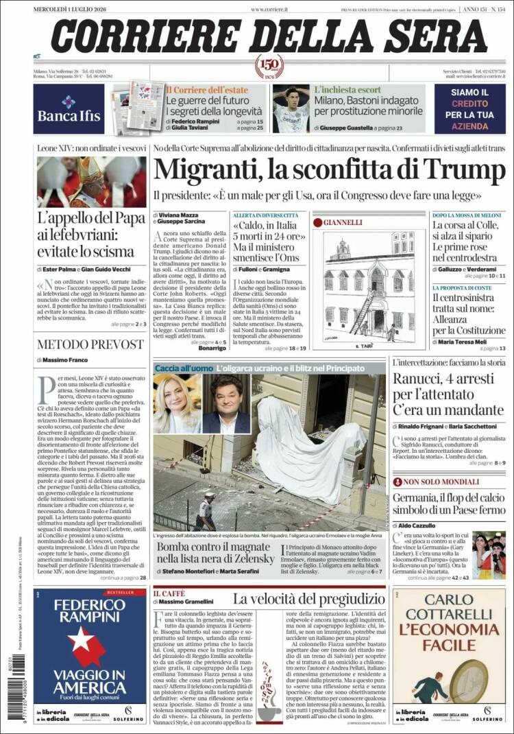 Portada de Corriere della Sera (Italia)
