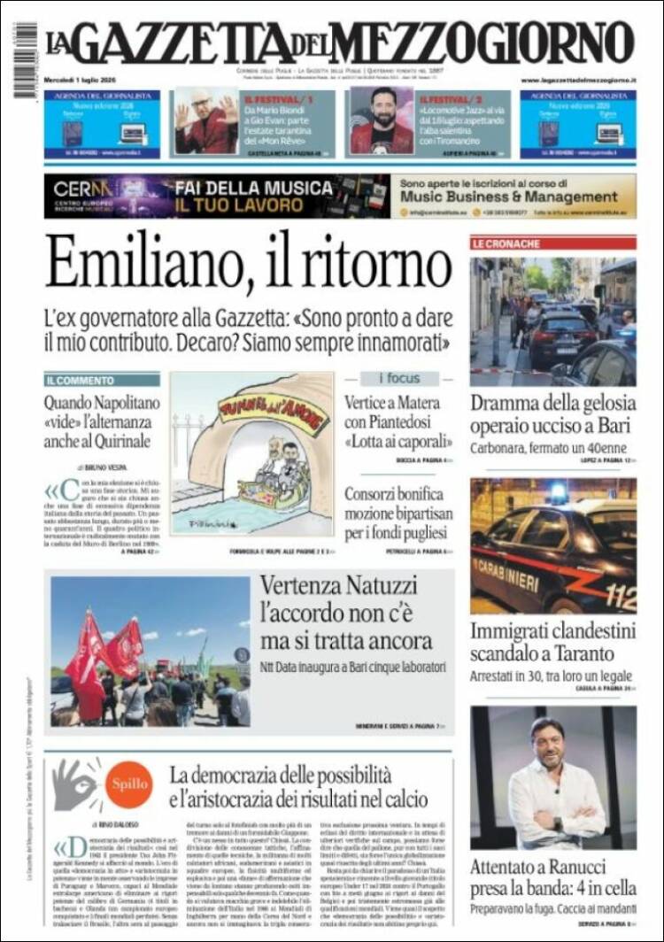 Portada de La Gazzetta del Mezzogiorno (Italia)