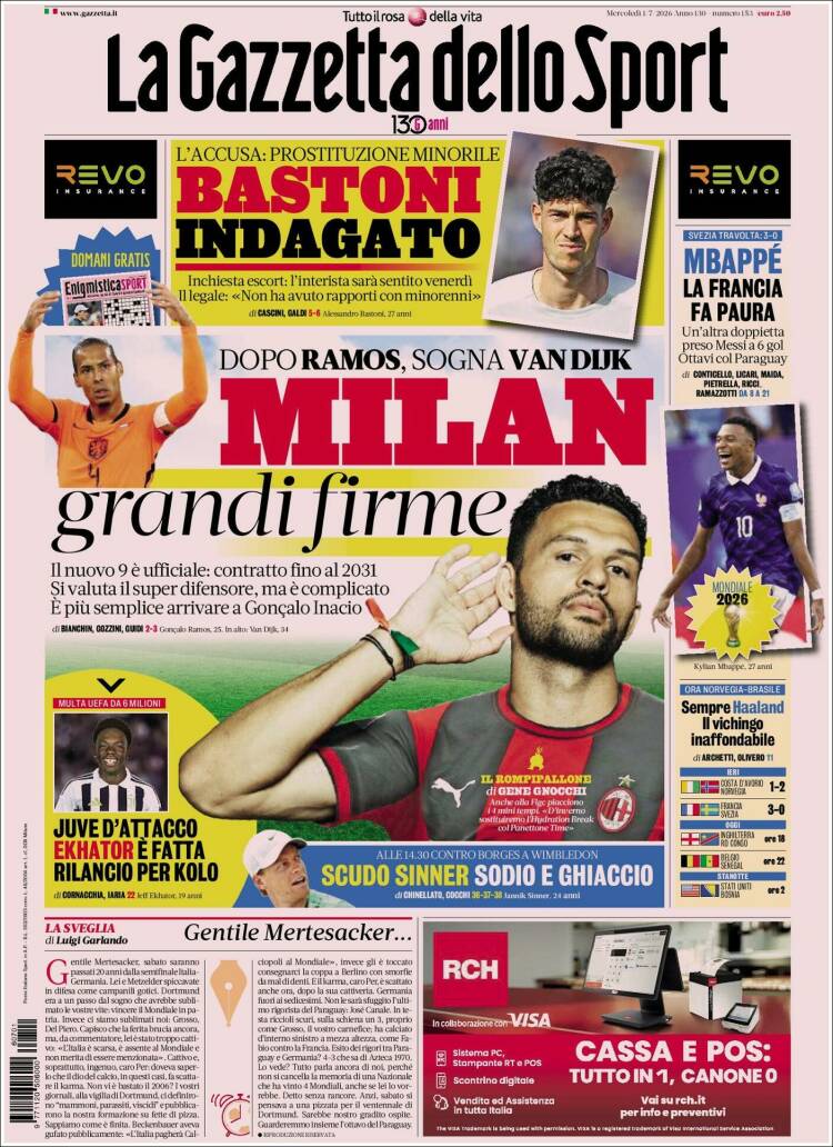 Portada de La Gazzetta dello Sport (Italia)