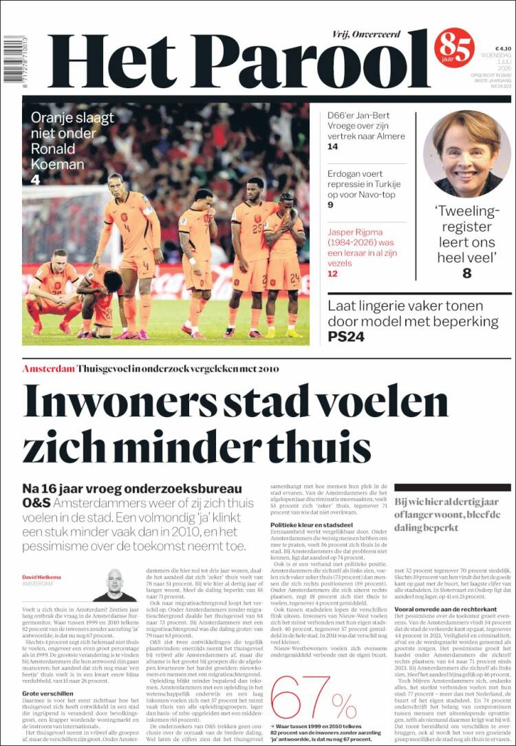 Portada de Het Parool (Pa&iacute;ses Bajos)