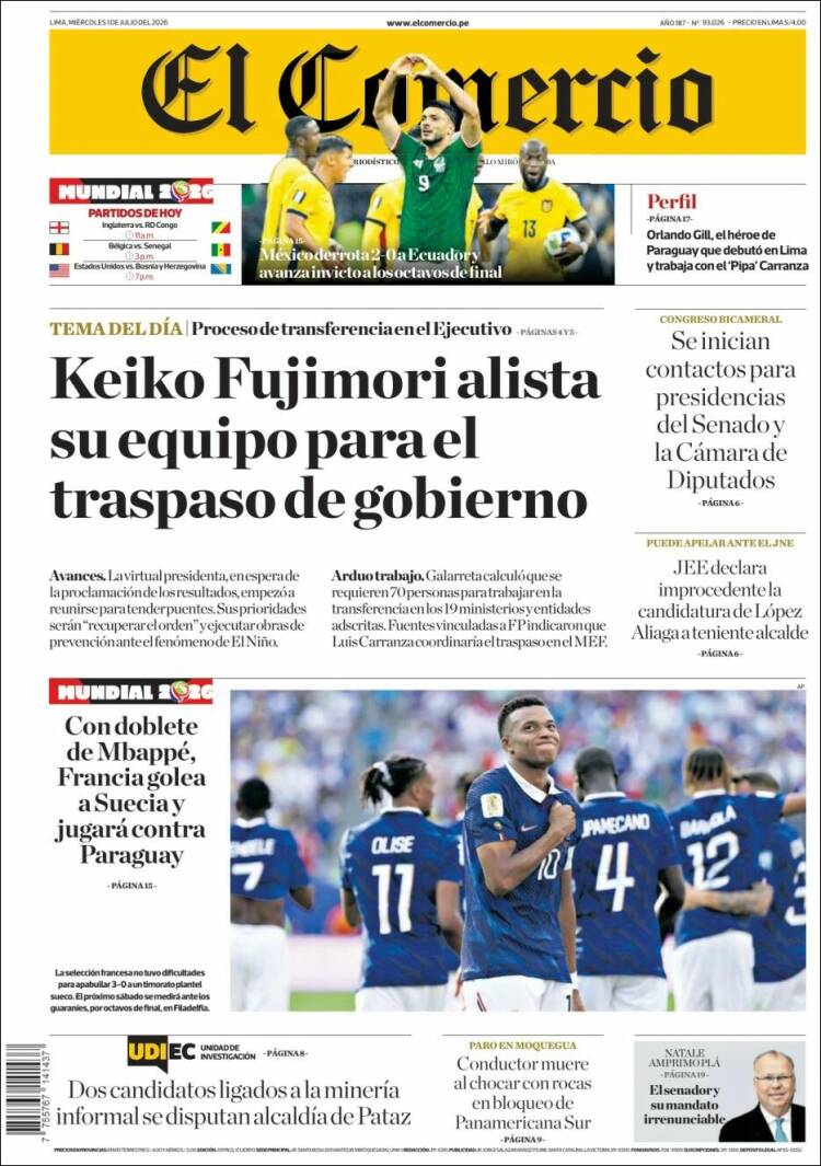 Portada de El Comercio (Per&uacute;)