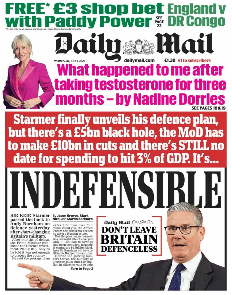 Portada de Daily Mail (Reino Unido)