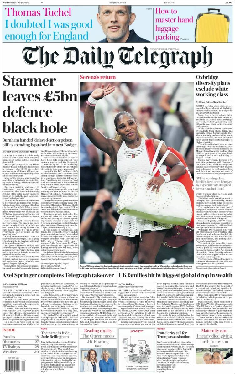 Portada de Daily Telegraph (Reino Unido)
