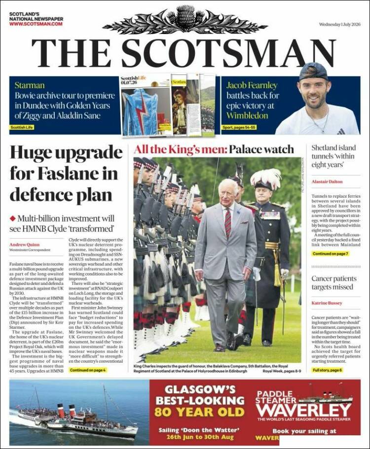 Portada de The Scotsman (Reino Unido)