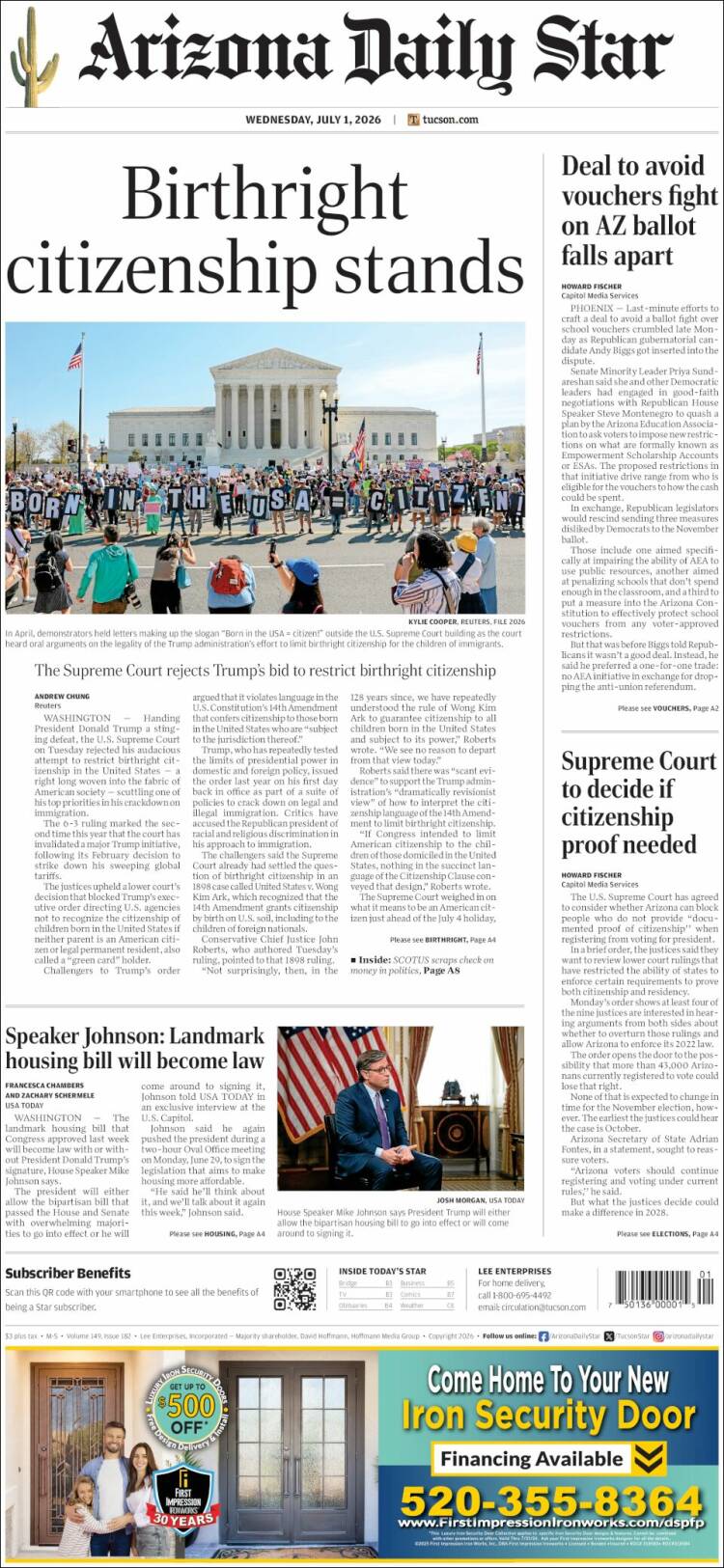Portada de Arizona Daily Star (USA)