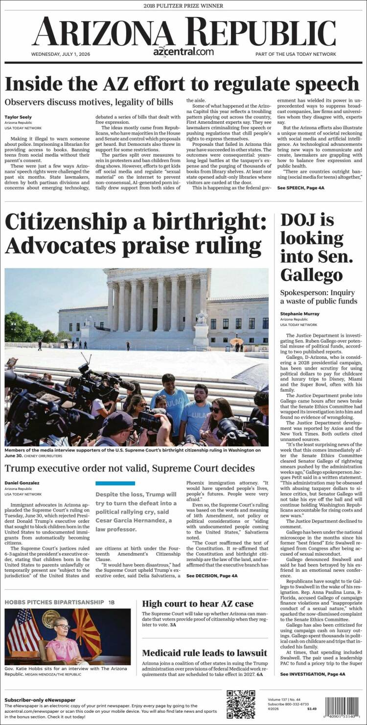 Portada de Arizona Republic News (USA)