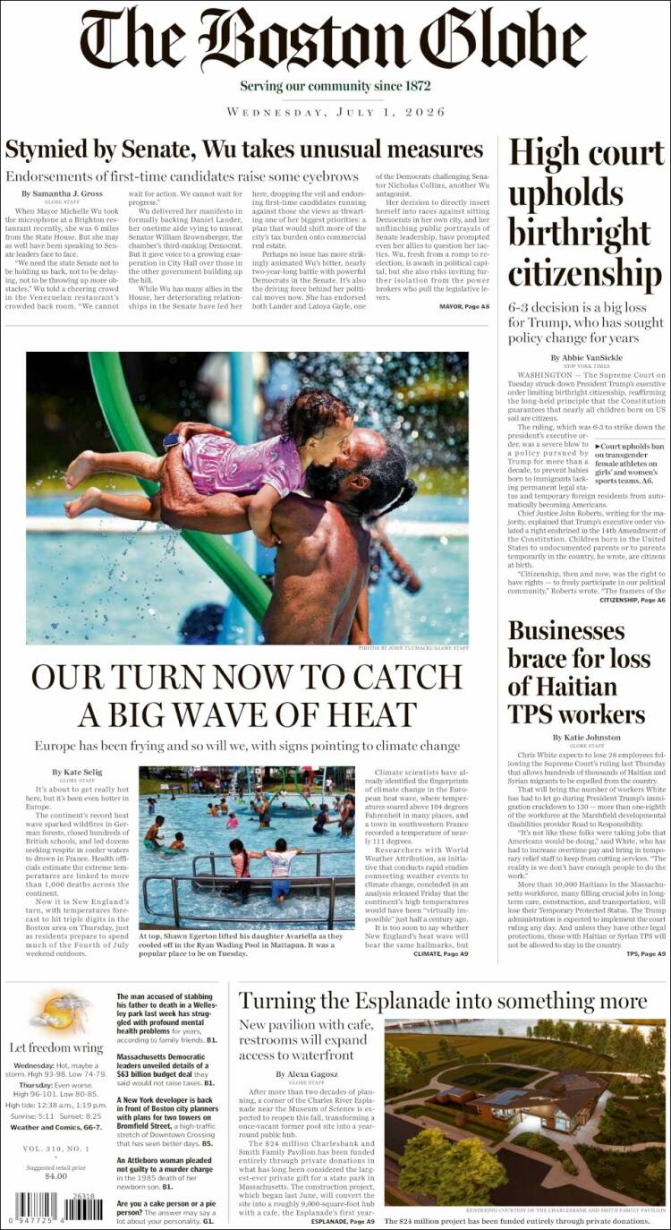 Portada de Boston Globe (USA)