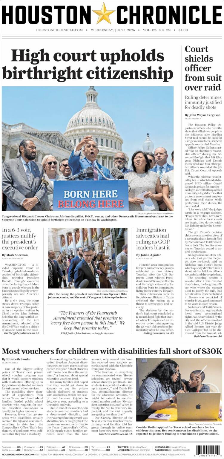 Portada de Houston Chronicle (USA)