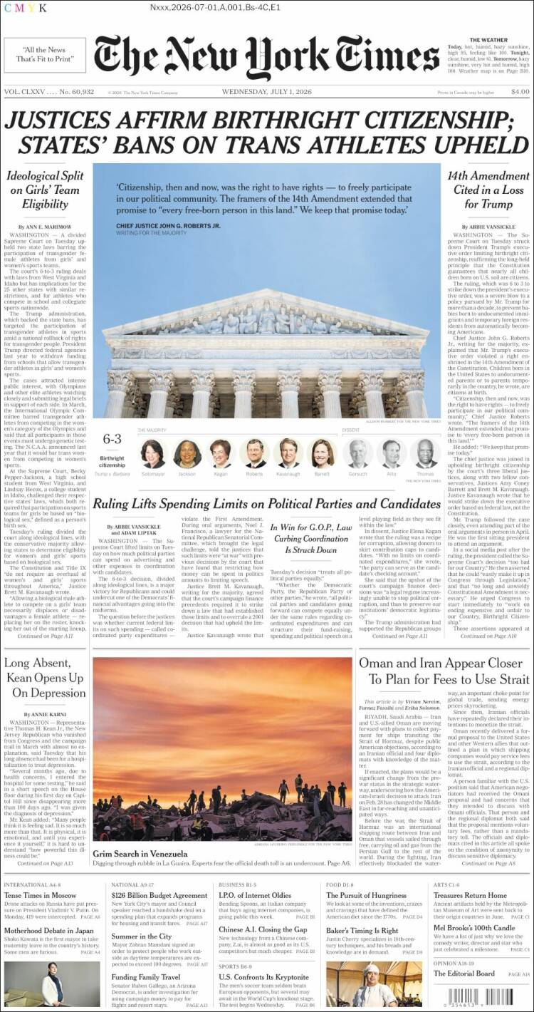 Portada de New York Times (USA)