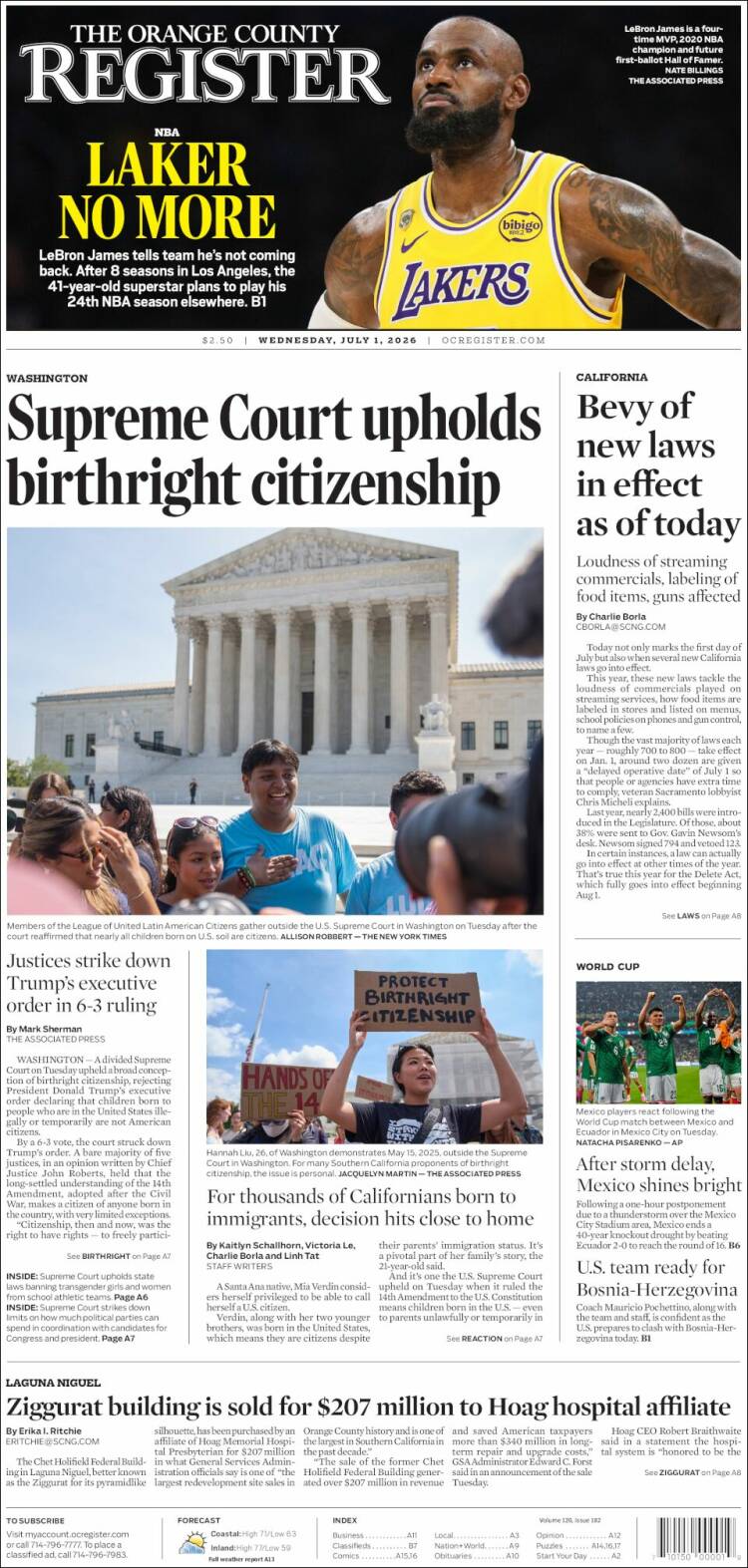 Portada de The Orange County Register (USA)