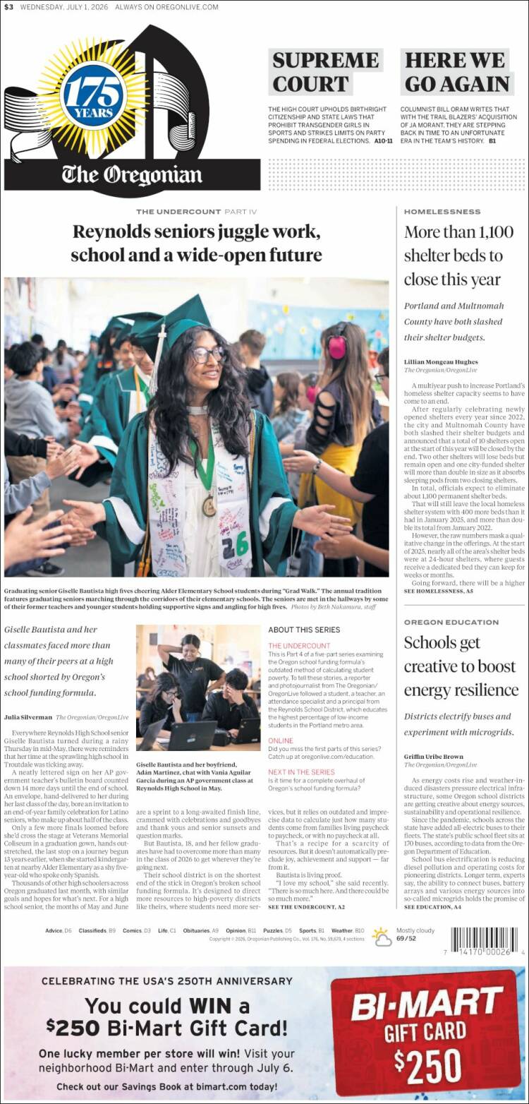 Portada de The Oregonian (USA)