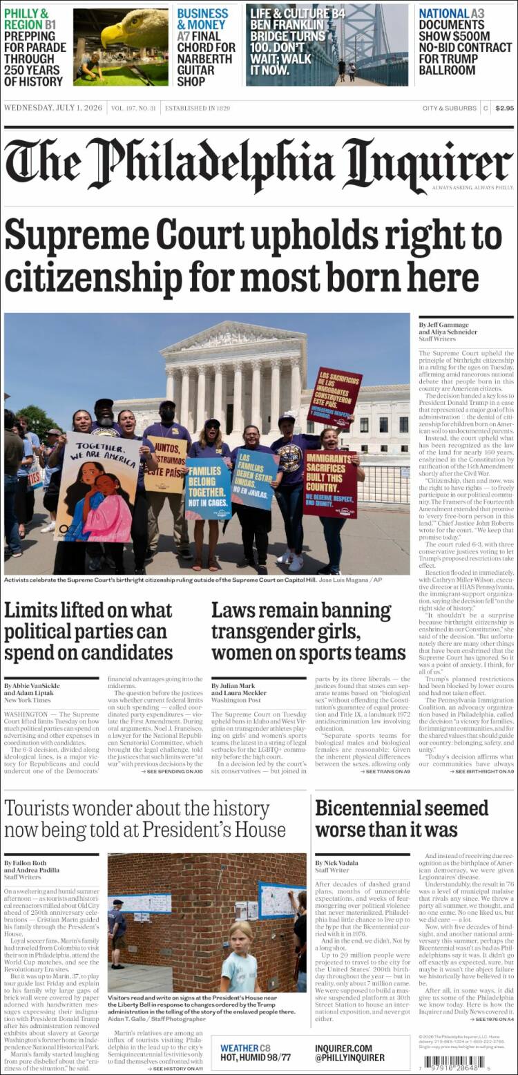 Portada de Philadelphia Inquirer (USA)