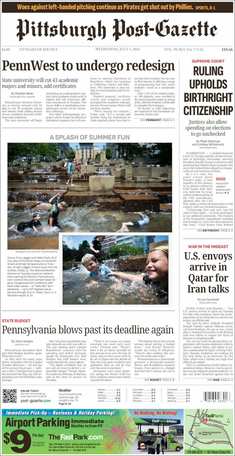 Portada de Pittsburgh Post-Gazette (USA)
