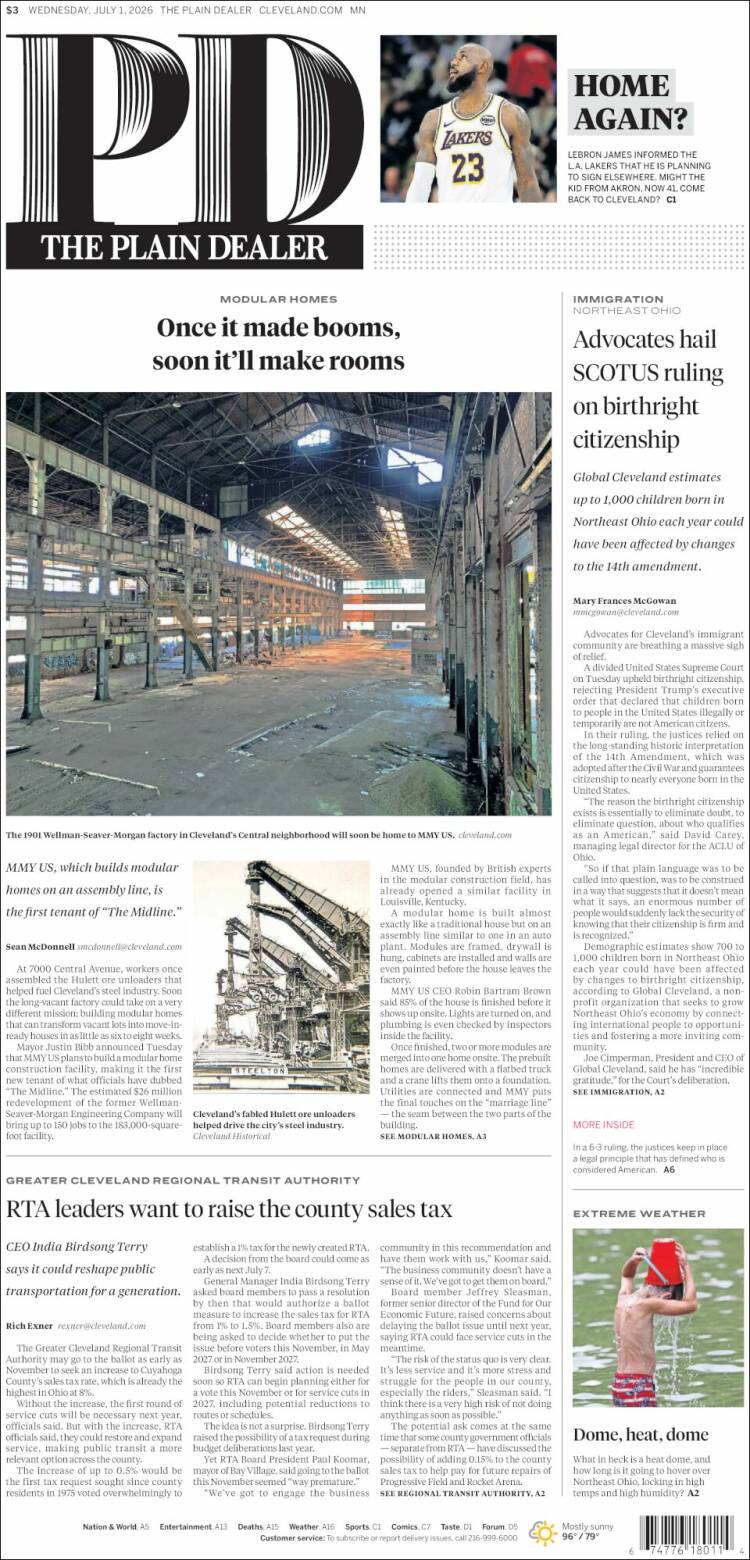 Portada de The Plain Dealer (USA)