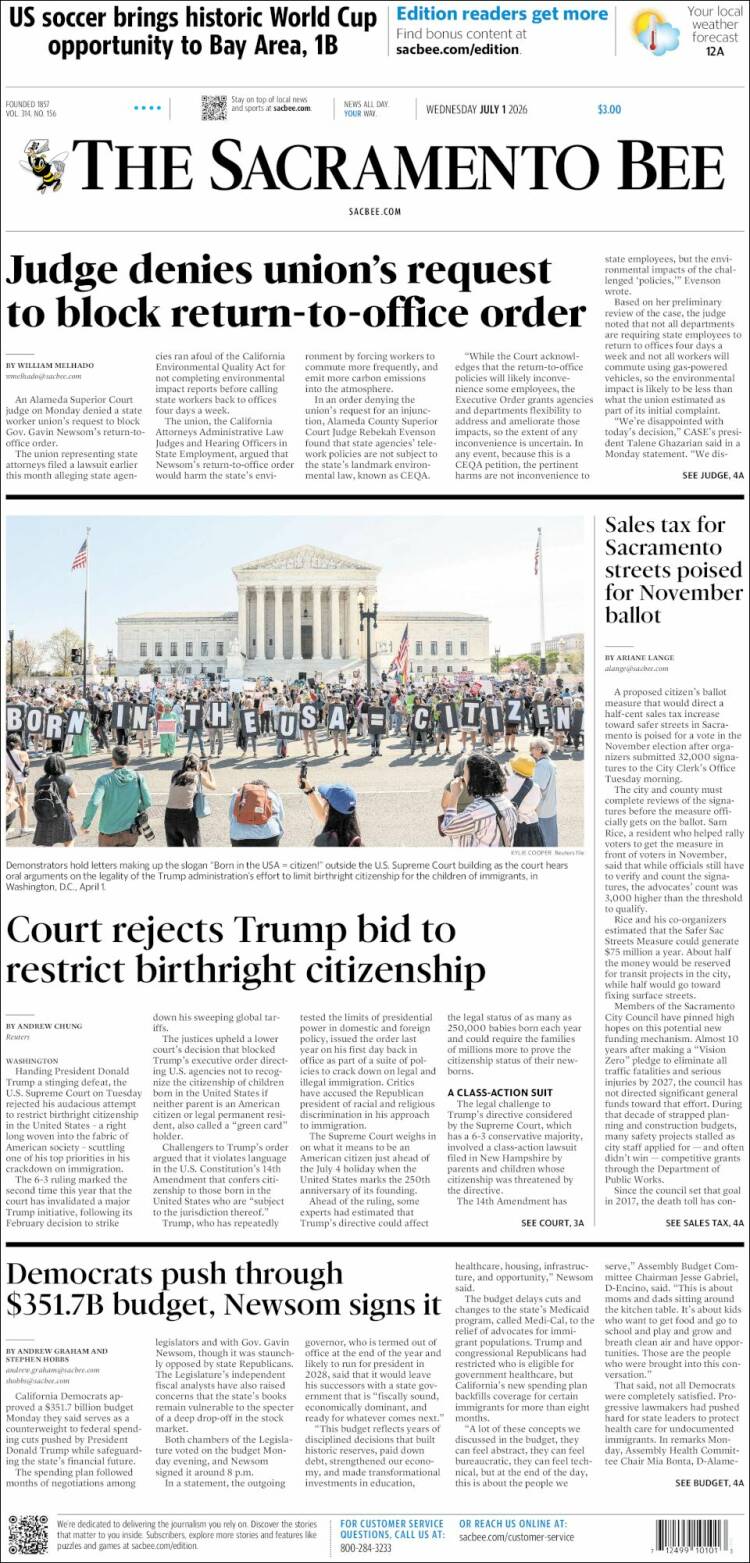 Portada de The Sacramento Bee (USA)