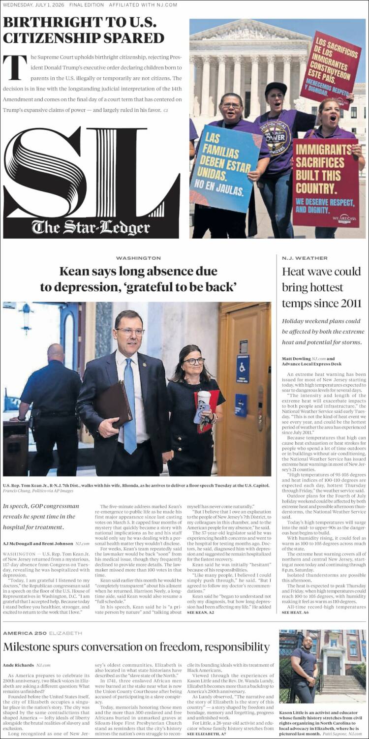 Portada de Star-Ledger (USA)