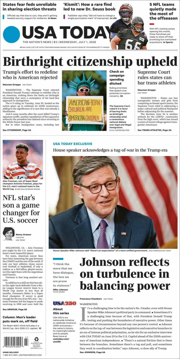 Portada de USA Today (USA)
