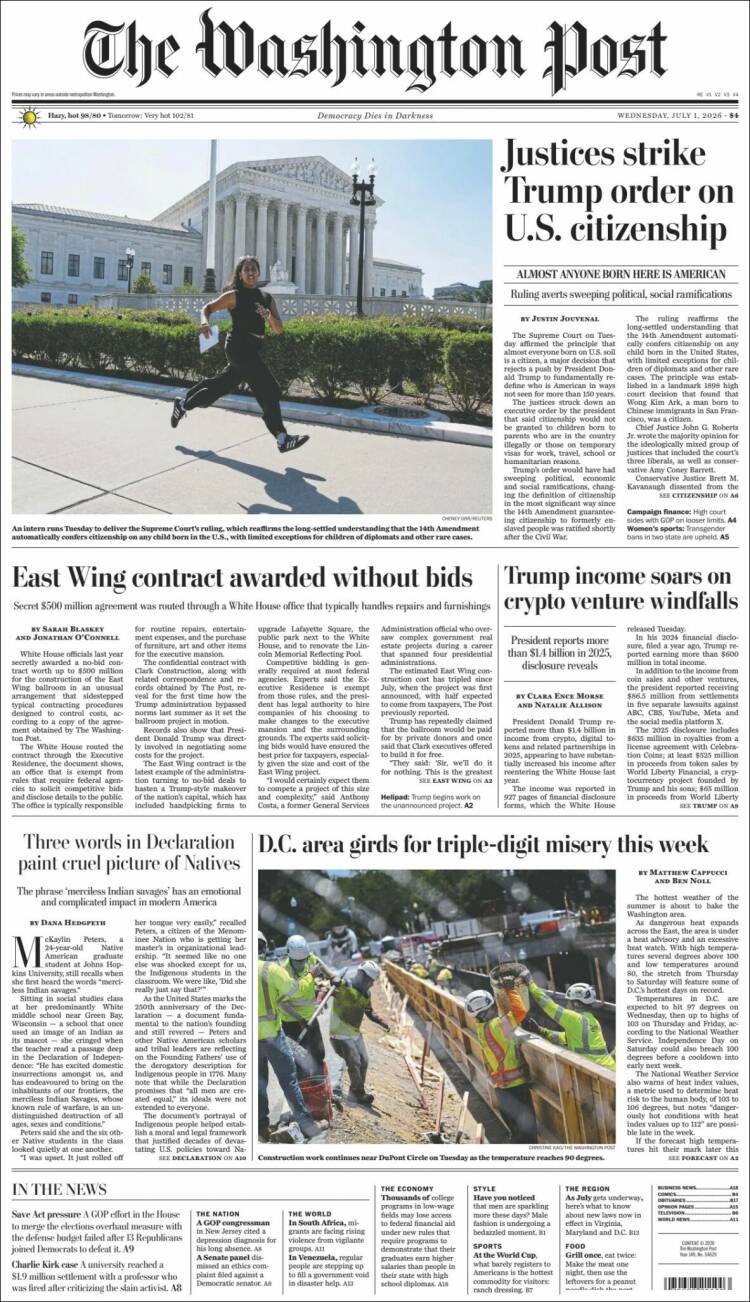 Portada de The Washington Post (USA)