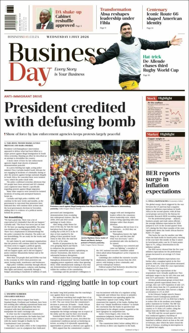 Portada de Business Day (Sud&aacute;frica)